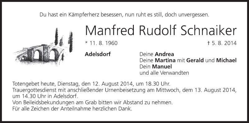  Traueranzeige für Manfred Rudolf Schnaiker vom 12.08.2014 aus MGO