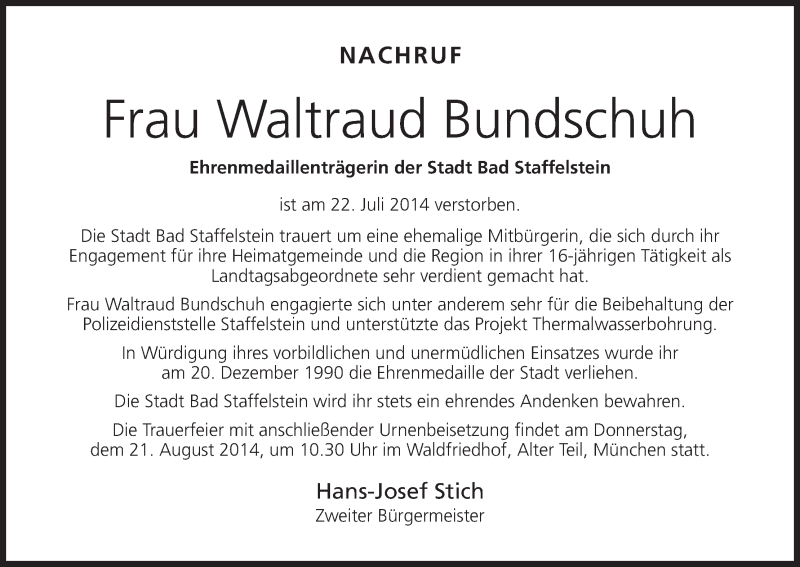  Traueranzeige für Waltraud Bundschuh vom 14.08.2014 aus MGO