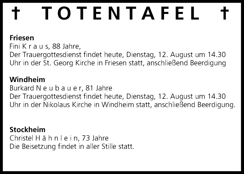  Traueranzeige für Totentafel vom 12.08.2014 vom 12.08.2014 aus MGO