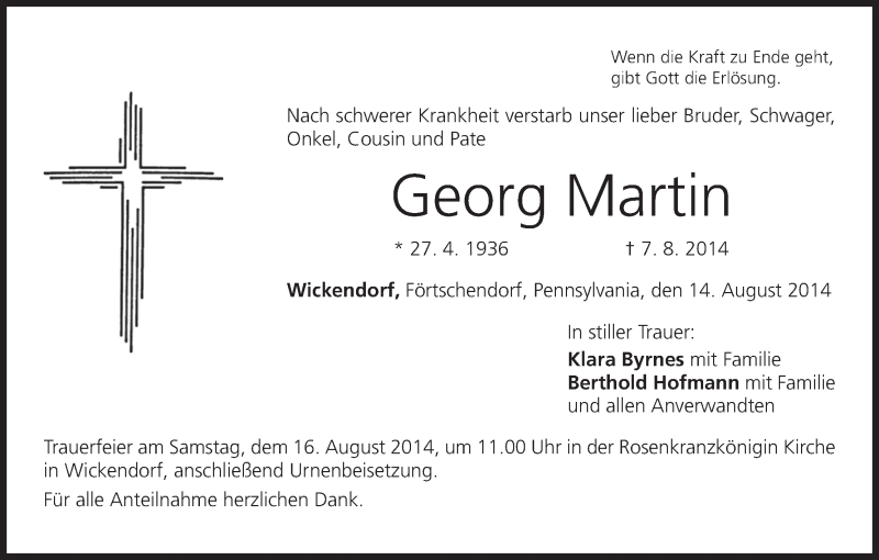  Traueranzeige für Georg Martin vom 14.08.2014 aus MGO