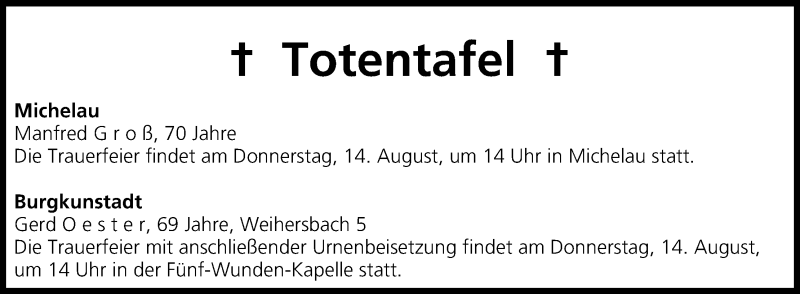  Traueranzeige für Totentafel vom 13.08.2014 vom 13.08.2014 aus MGO
