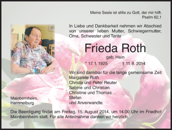 Anzeige von Frieda Roth von MGO