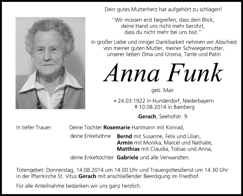  Traueranzeige für Anna Funk vom 13.08.2014 aus MGO