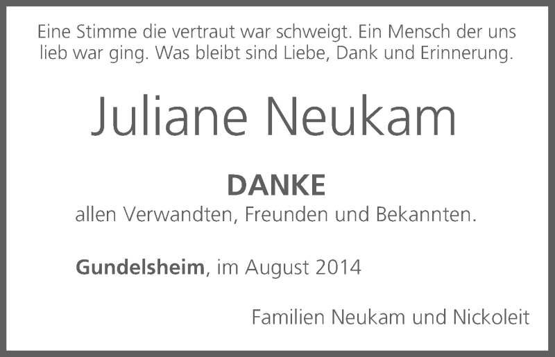  Traueranzeige für Juliane Neukam vom 16.08.2014 aus MGO