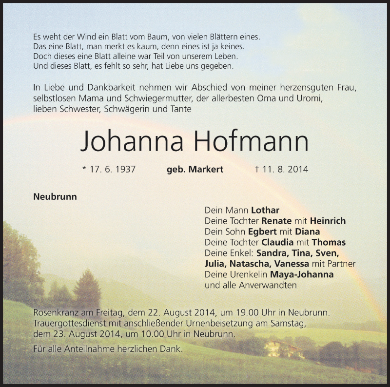  Traueranzeige für Johanna Hofmann vom 20.08.2014 aus MGO