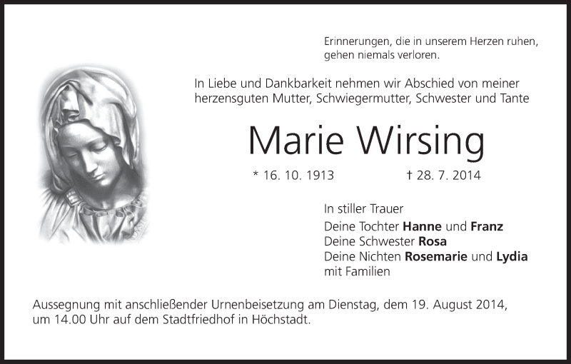  Traueranzeige für Marie Wirsing vom 16.08.2014 aus MGO