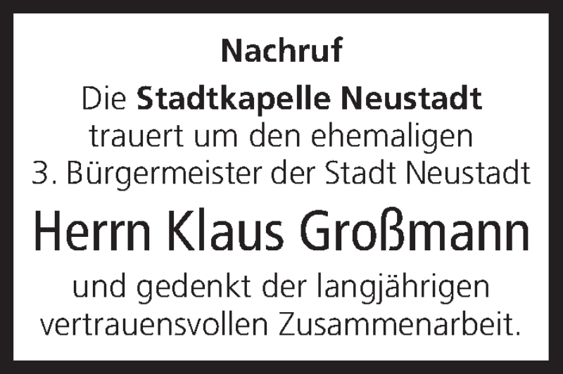  Traueranzeige für Klaus Großmann vom 14.08.2014 aus MGO