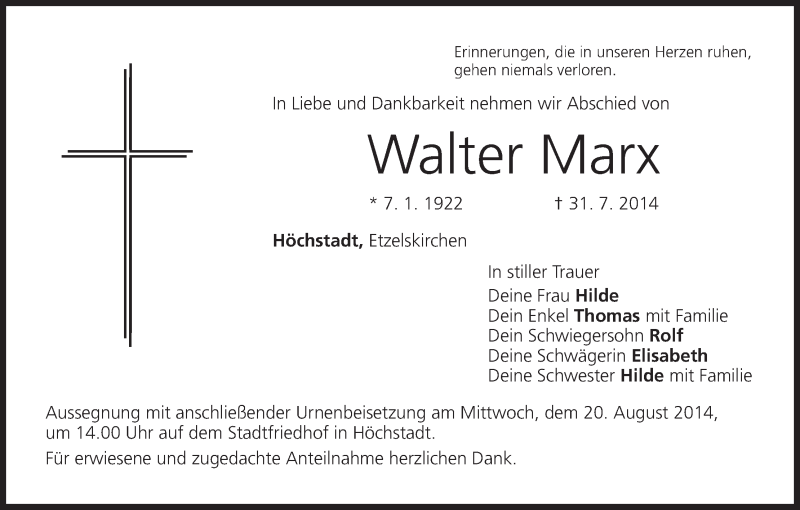  Traueranzeige für Walter Marx vom 16.08.2014 aus MGO