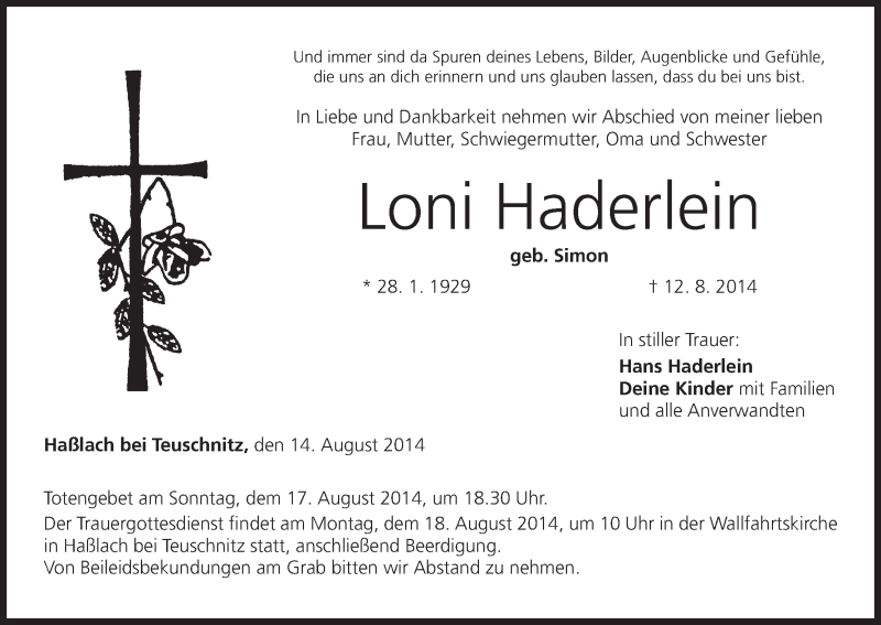  Traueranzeige für Loni Haderlein vom 14.08.2014 aus MGO