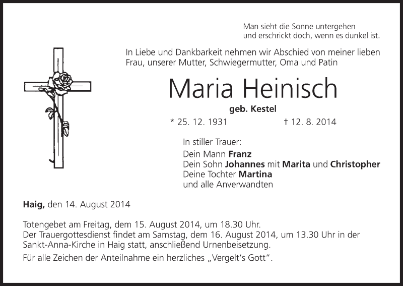 Traueranzeige für Maria Heinisch vom 14.08.2014 aus MGO