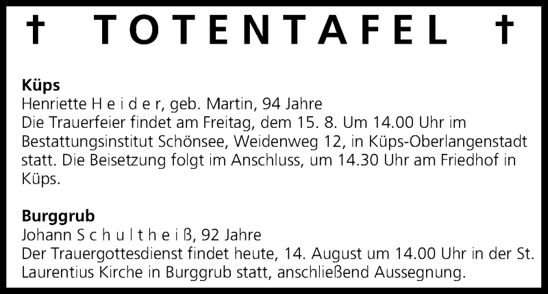  Traueranzeige für Totentafel, vom 15.08.2014 vom 15.08.2014 aus MGO