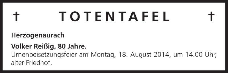  Traueranzeige für Totentafel vom 14.08.2014 vom 14.08.2014 aus MGO