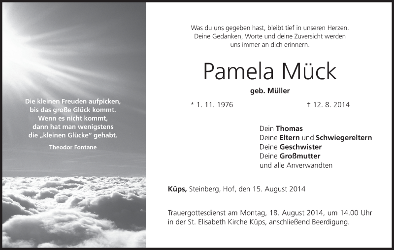 Traueranzeige für Pamela Mück vom 15.08.2014 aus MGO