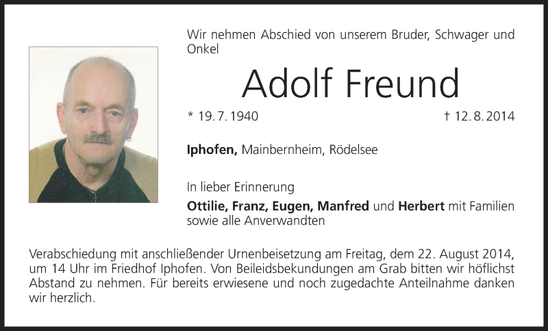  Traueranzeige für Adolf Freund vom 19.08.2014 aus MGO