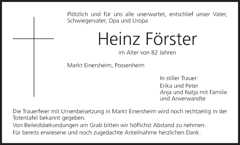  Traueranzeige für Heinz Förster vom 16.08.2014 aus MGO