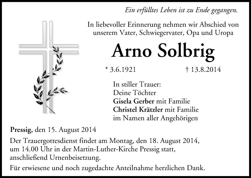  Traueranzeige für Arno Solbrig vom 15.08.2014 aus MGO