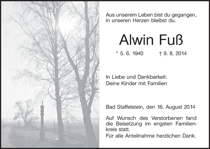  Traueranzeige für Wlwin Fuß vom 16.08.2014 aus MGO