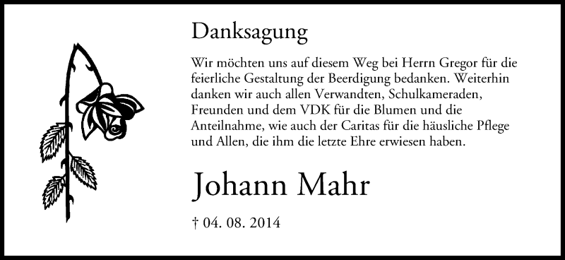  Traueranzeige für Johann Mahr vom 16.08.2014 aus MGO