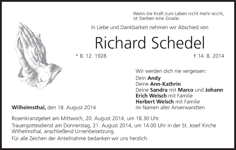  Traueranzeige für Richard Schedel vom 18.08.2014 aus MGO