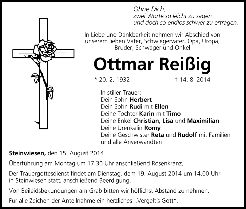  Traueranzeige für Ottmar Reißig vom 15.08.2014 aus MGO