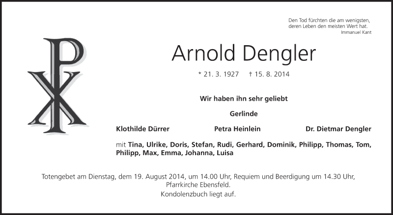 Traueranzeige für Arnold Dengler vom 18.08.2014 aus MGO