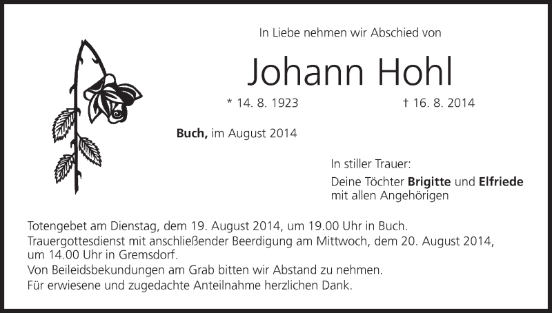  Traueranzeige für Johann Hohl vom 18.08.2014 aus MGO