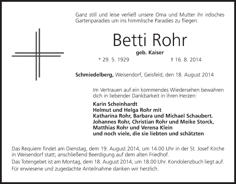 Traueranzeige für Betti Rohr vom 18.08.2014 aus MGO
