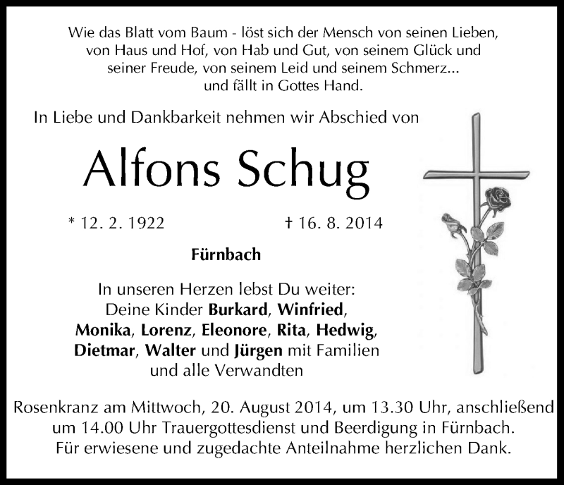  Traueranzeige für Alfons Schug vom 18.08.2014 aus MGO