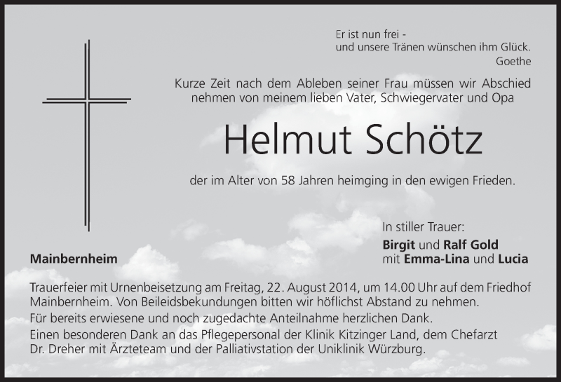  Traueranzeige für Helmut Schötz vom 19.08.2014 aus MGO