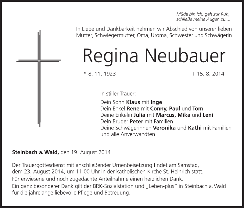  Traueranzeige für Regina Neubauer vom 19.08.2014 aus MGO