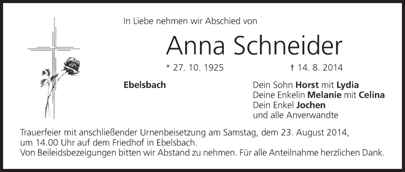  Traueranzeige für Anna Schneider vom 21.08.2014 aus MGO