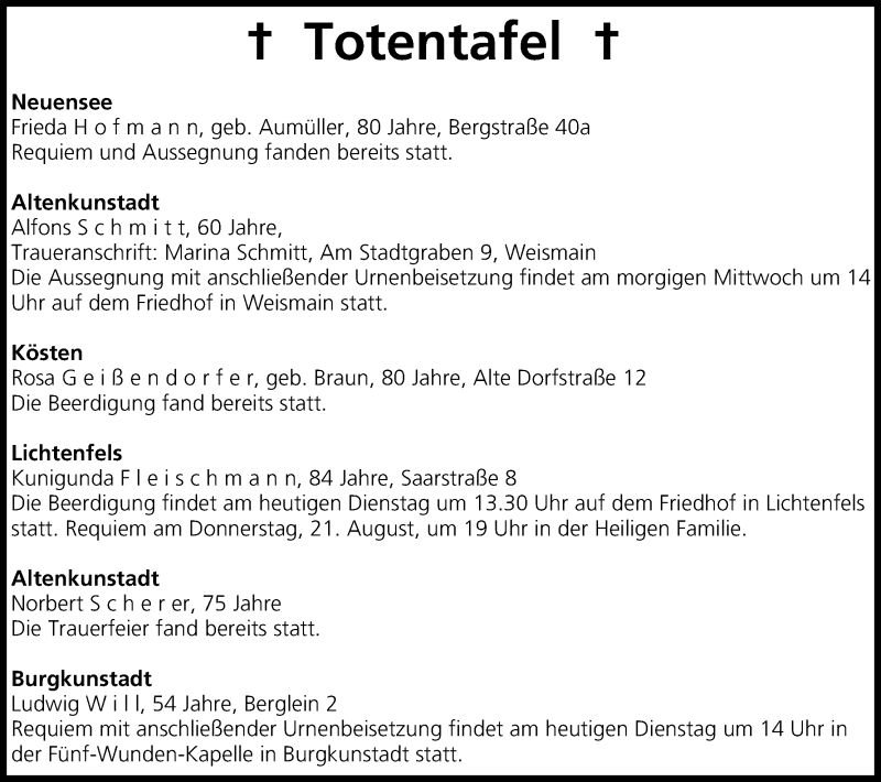  Traueranzeige für Totentafel vom 19.08.2014 vom 19.08.2014 aus MGO