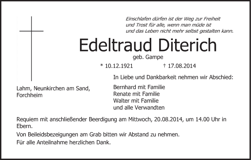  Traueranzeige für Edeltraud Diterich vom 19.08.2014 aus MGO