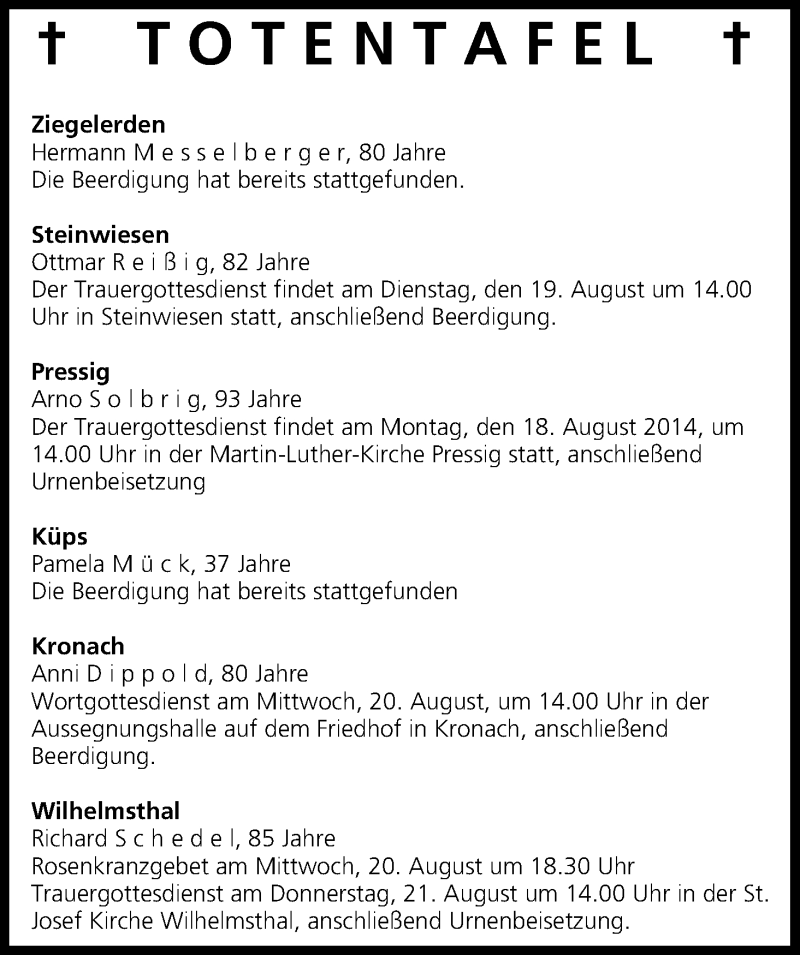  Traueranzeige für Totentafel vom 19.08.2014 vom 19.08.2014 aus MGO