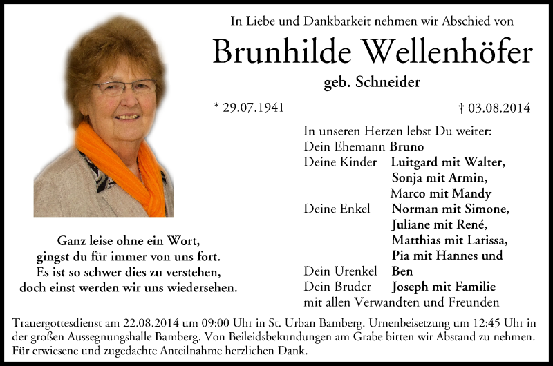  Traueranzeige für Brunhilde Wellenhöfer vom 20.08.2014 aus MGO