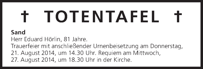  Traueranzeige für Totentafel vom 20.08.2014 vom 20.08.2014 aus MGO