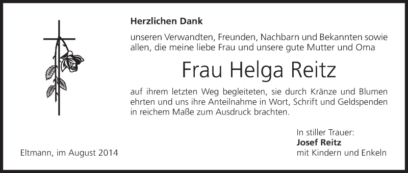  Traueranzeige für Helga Reitz vom 20.08.2014 aus MGO