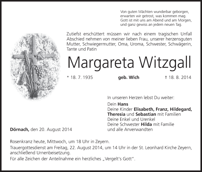  Traueranzeige für Margareta Witzgall vom 20.08.2014 aus MGO