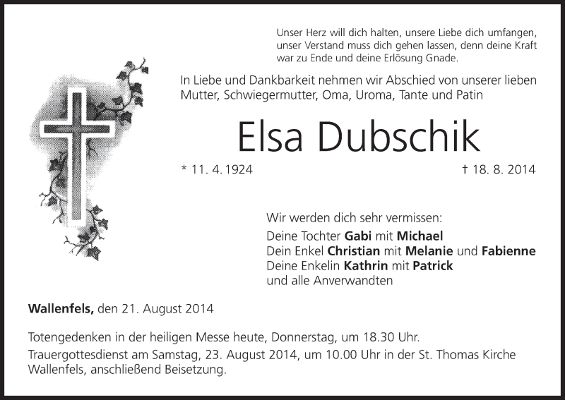  Traueranzeige für Elsa Dubschik vom 21.08.2014 aus MGO