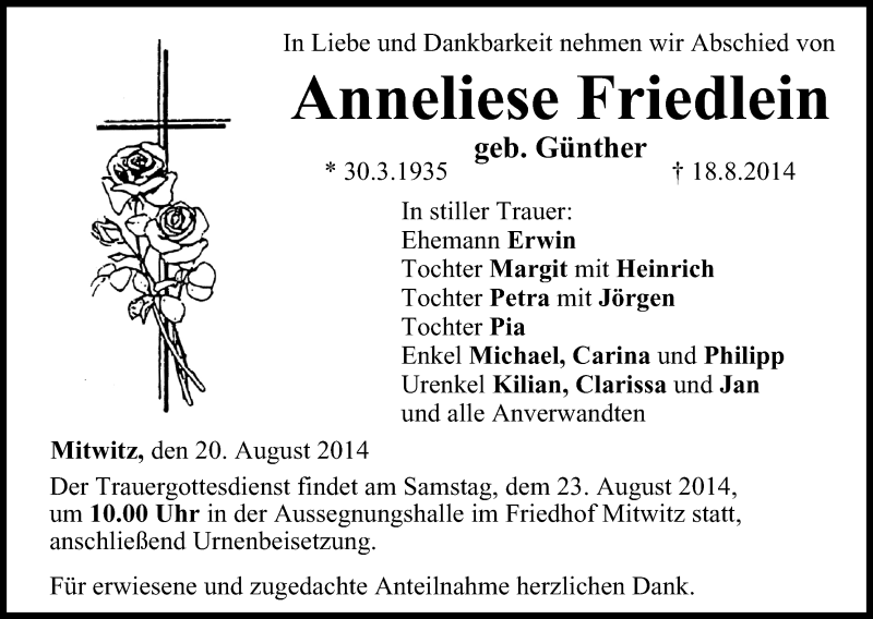  Traueranzeige für Anneliese Friedlein vom 20.08.2014 aus MGO