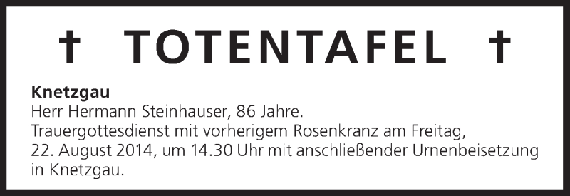  Traueranzeige für Totentafel vom 21.08.2014 vom 21.08.2014 aus MGO
