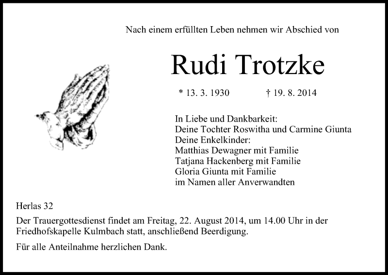  Traueranzeige für Rudi Trotzke vom 21.08.2014 aus MGO