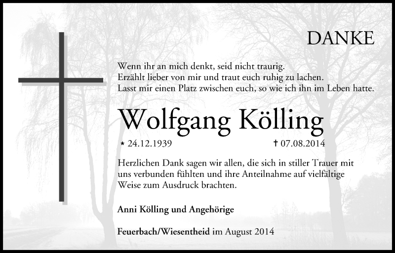  Traueranzeige für Wolfgang Kölling vom 22.08.2014 aus MGO
