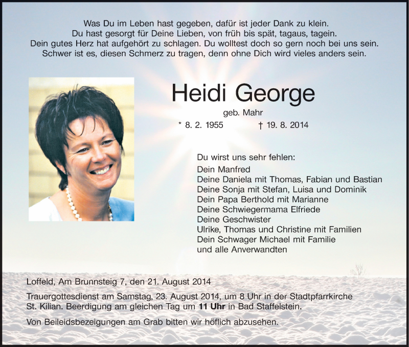  Traueranzeige für Heidi George vom 21.08.2014 aus MGO