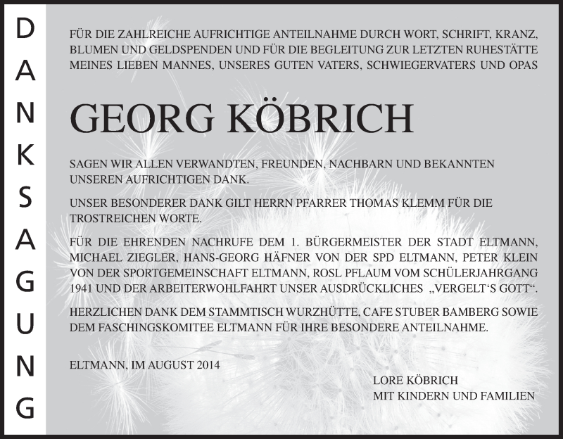  Traueranzeige für Georg Köbrich vom 23.08.2014 aus MGO