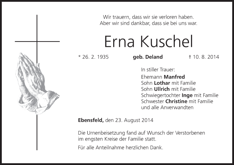  Traueranzeige für Erna Kuschel vom 23.08.2014 aus MGO