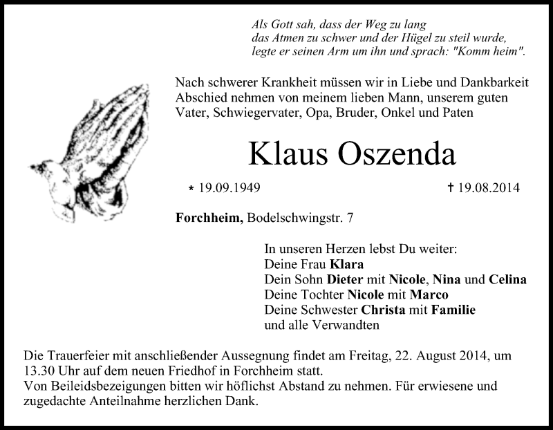  Traueranzeige für Klaus Oszenda vom 21.08.2014 aus MGO