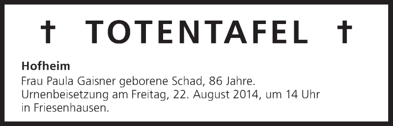  Traueranzeige für Totentafel vom 22.08.2014 vom 22.08.2014 aus MGO