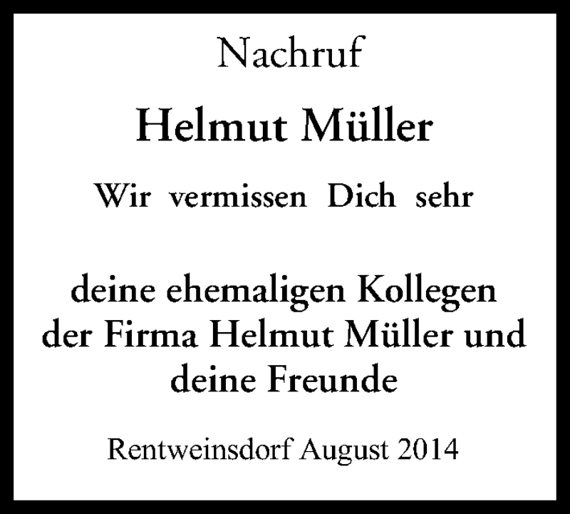  Traueranzeige für Helmut Müller vom 22.08.2014 aus MGO