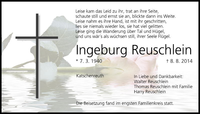  Traueranzeige für Ingeburg Reuschlein vom 22.08.2014 aus MGO